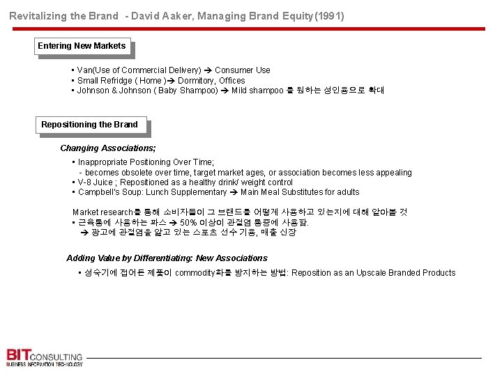 Revitalizing the Brand - David Aaker, Managing Brand Equity(1991) Entering New Markets • Van(Use