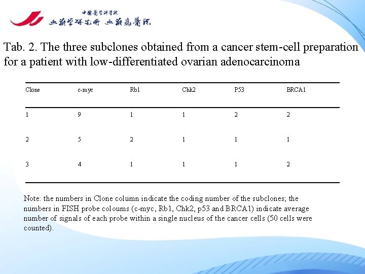 Tab. 2. The three subclones obtained from a cancer stem-cell preparation for a patient