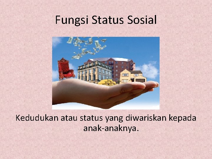 Fungsi Status Sosial Kedudukan atau status yang diwariskan kepada anak-anaknya. Fungsi Status Sosial Kedudukan atau status yang diwariskan kepada anak-anaknya.