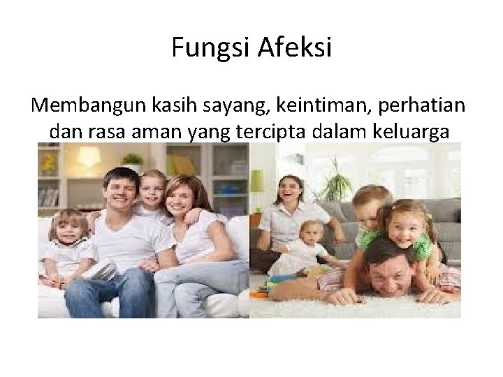 Fungsi Afeksi Membangun kasih sayang, keintiman, perhatian dan rasa aman yang tercipta dalam keluarga Fungsi Afeksi Membangun kasih sayang, keintiman, perhatian dan rasa aman yang tercipta dalam keluarga