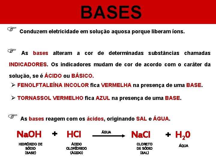 BASES F Conduzem eletricidade em solução aquosa porque liberam íons. F As bases alteram