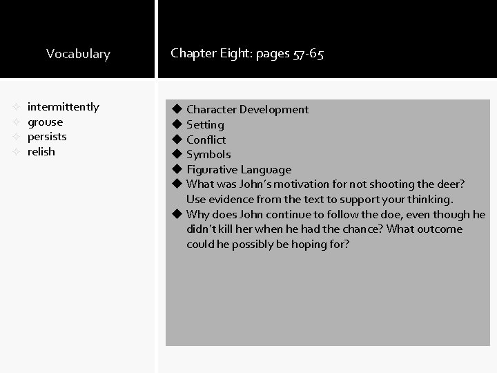Vocabulary ² ² intermittently grouse persists relish Chapter Eight: pages 57 -65 u Character Vocabulary ² ² intermittently grouse persists relish Chapter Eight: pages 57 -65 u Character