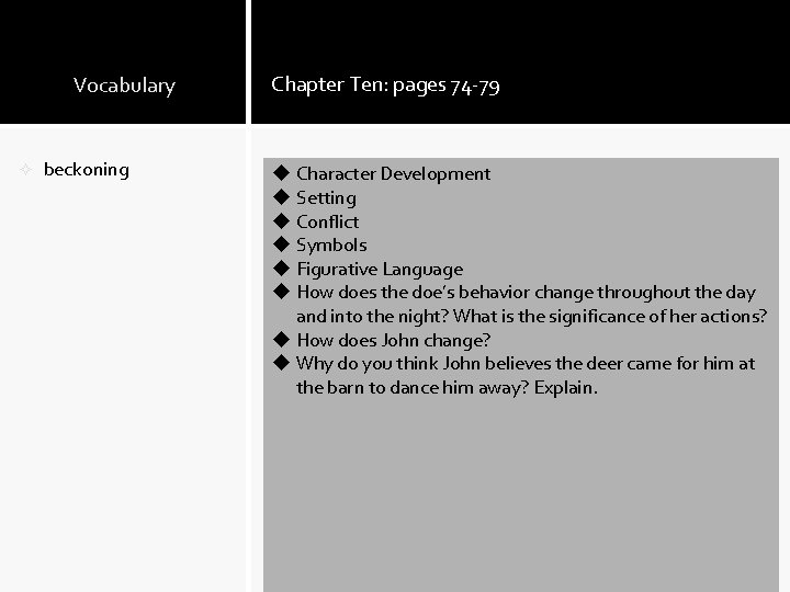 Vocabulary ² beckoning Chapter Ten: pages 74 -79 u Character Development u Setting u Vocabulary ² beckoning Chapter Ten: pages 74 -79 u Character Development u Setting u