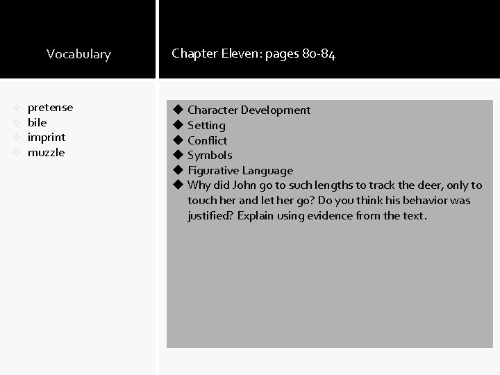 Vocabulary ² ² pretense bile imprint muzzle Chapter Eleven: pages 80 -84 u Character Vocabulary ² ² pretense bile imprint muzzle Chapter Eleven: pages 80 -84 u Character