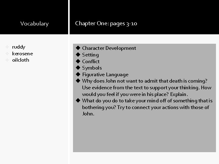 Vocabulary ² ² ² ruddy kerosene oilcloth Chapter One: pages 3 -10 u Character Vocabulary ² ² ² ruddy kerosene oilcloth Chapter One: pages 3 -10 u Character