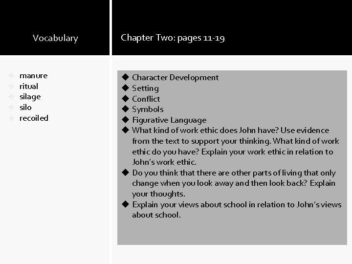 Vocabulary ² ² ² manure ritual silage silo recoiled Chapter Two: pages 11 -19 Vocabulary ² ² ² manure ritual silage silo recoiled Chapter Two: pages 11 -19