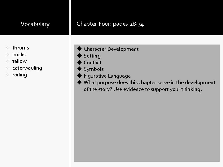 Vocabulary ² ² ² thrums bucks tallow caterwauling roiling Chapter Four: pages 28 -34 Vocabulary ² ² ² thrums bucks tallow caterwauling roiling Chapter Four: pages 28 -34