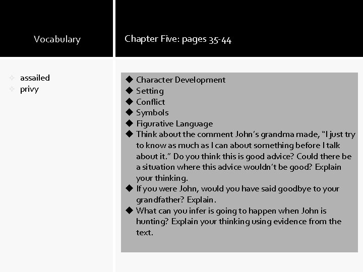 Vocabulary ² ² assailed privy Chapter Five: pages 35 -44 u Character Development u Vocabulary ² ² assailed privy Chapter Five: pages 35 -44 u Character Development u
