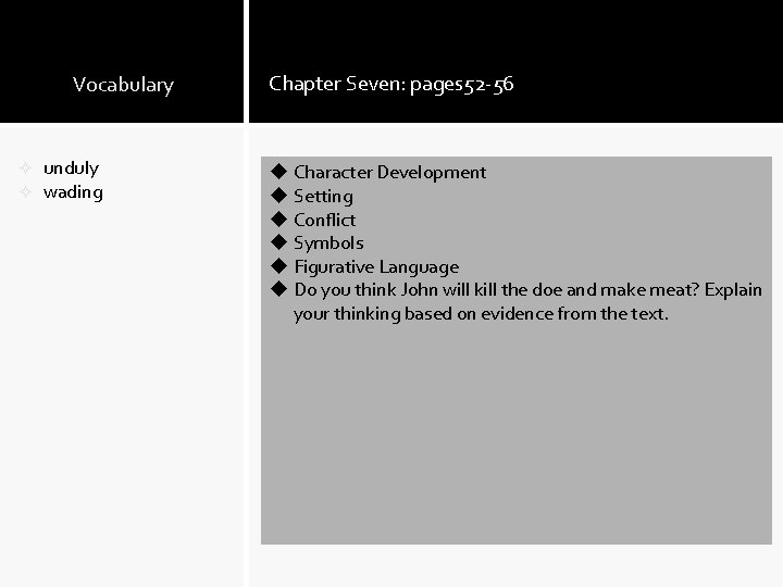 Vocabulary ² ² unduly wading Chapter Seven: pages 52 -56 u Character Development u Vocabulary ² ² unduly wading Chapter Seven: pages 52 -56 u Character Development u