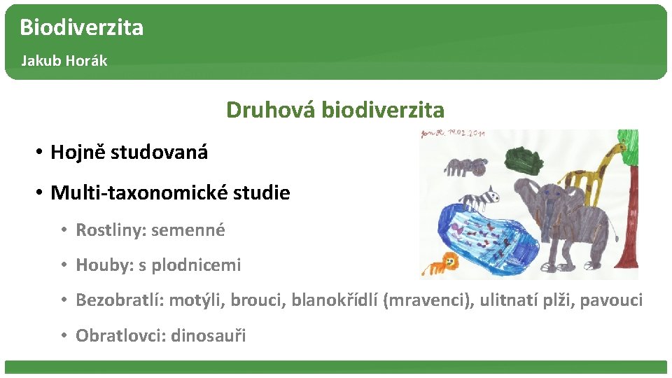 Biodiverzita Jakub Horák Druhová biodiverzita • Hojně studovaná • Multi-taxonomické studie • Rostliny: semenné