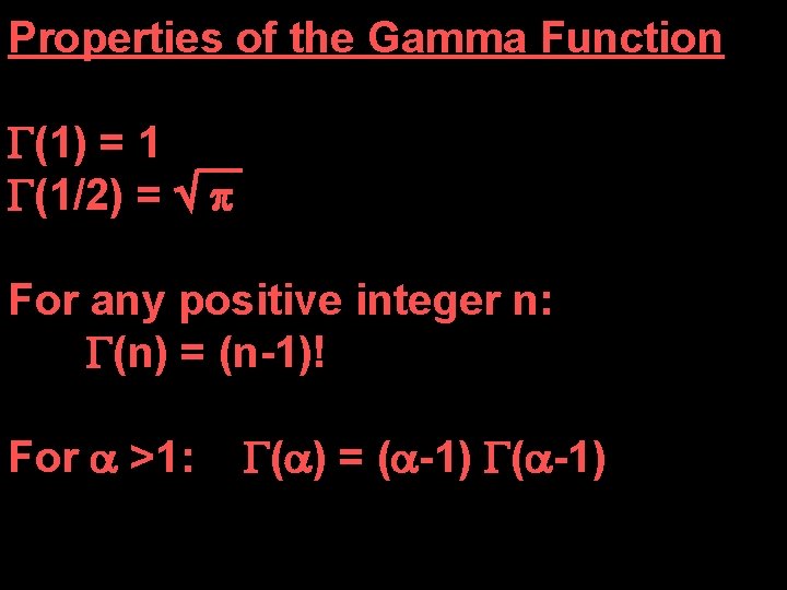 Properties of the Gamma Function (1) = 1 (1/2) = For any positive integer