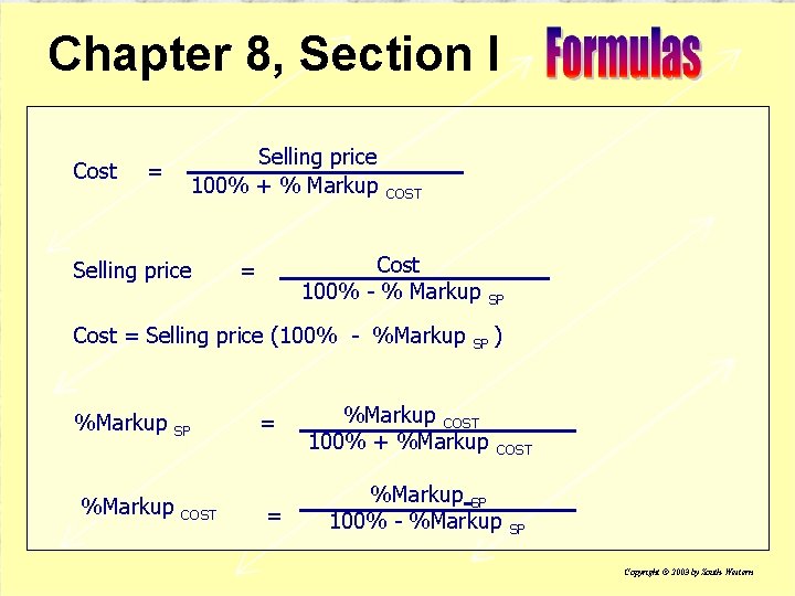 Chapter 8, Section I Cost Selling price 100% + % Markup = Selling price