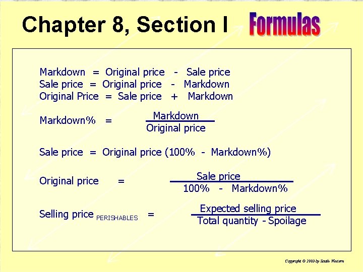 Chapter 8, Section I Markdown = Original price - Sale price = Original price