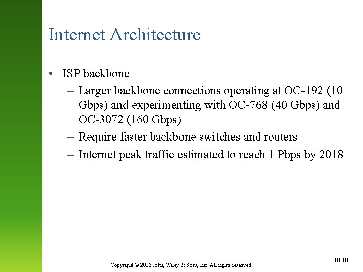 Internet Architecture • ISP backbone – Larger backbone connections operating at OC-192 (10 Gbps)