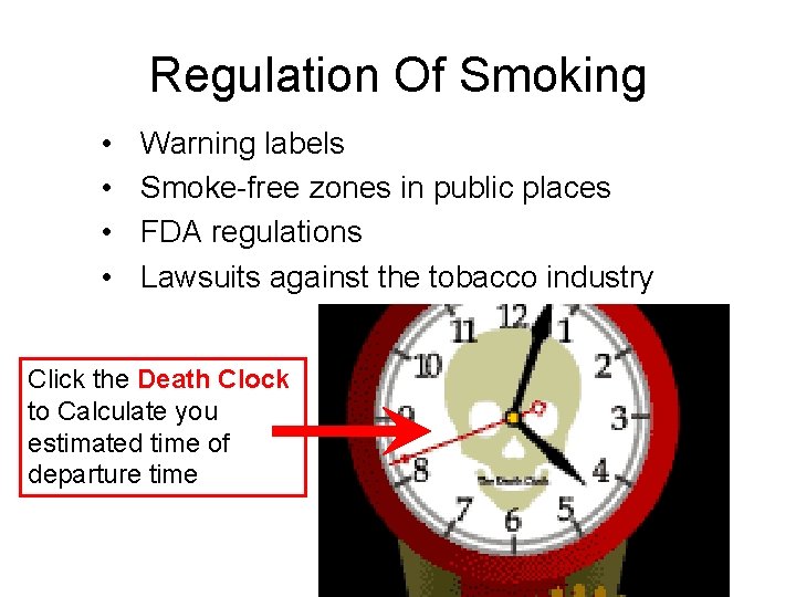 Regulation Of Smoking • • Warning labels Smoke-free zones in public places FDA regulations