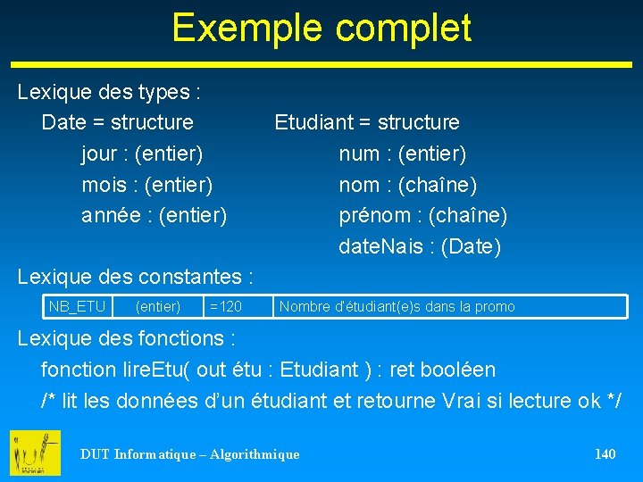 Exemple complet Lexique des types : Date = structure jour : (entier) mois :