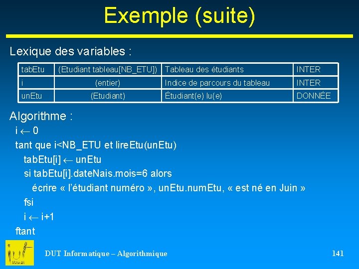 Exemple (suite) Lexique des variables : tab. Etu (Etudiant tableau[NB_ETU]) Tableau des étudiants i