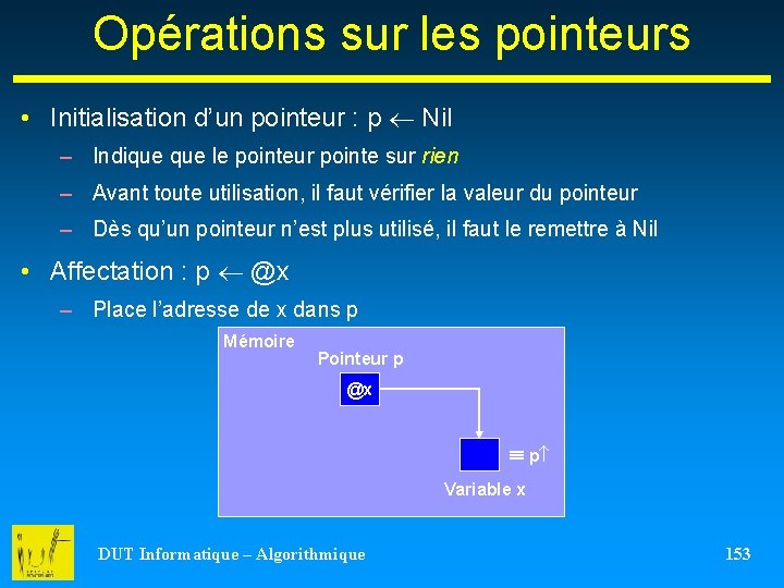 Opérations sur les pointeurs • Initialisation d’un pointeur : p Nil – Indique le