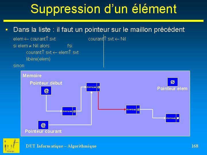 Suppression d’un élément • Dans la liste : il faut un pointeur sur le