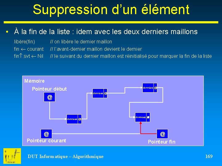 Suppression d’un élément • À la fin de la liste : idem avec les