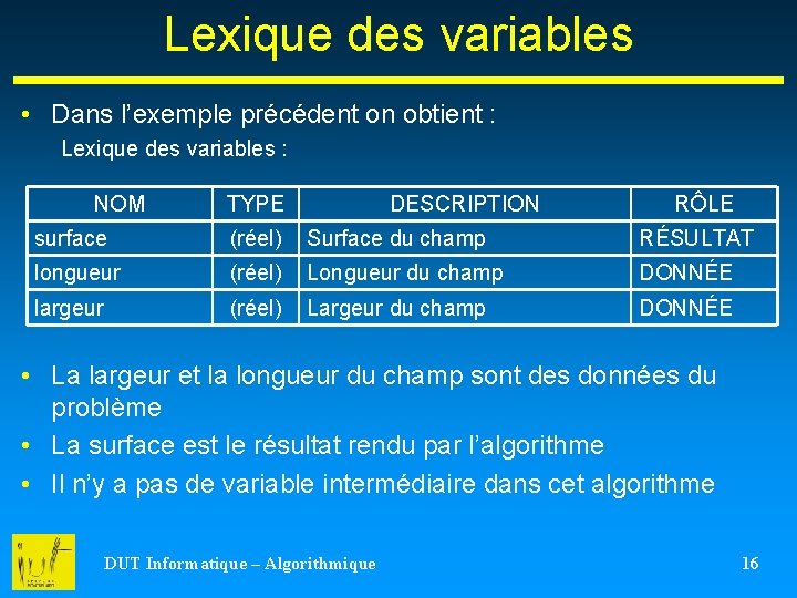 Lexique des variables • Dans l’exemple précédent on obtient : Lexique des variables :