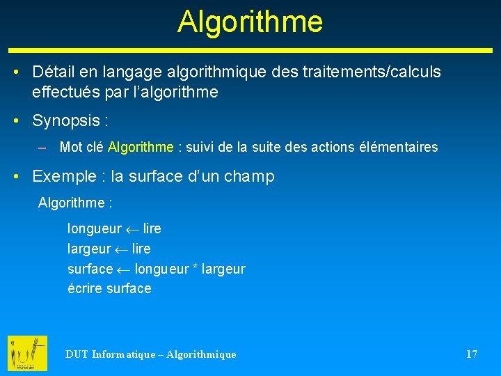 Algorithme • Détail en langage algorithmique des traitements/calculs effectués par l’algorithme • Synopsis :