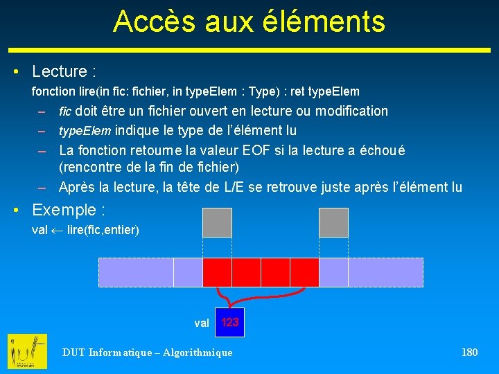 Accès aux éléments • Lecture : fonction lire(in fic: fichier, in type. Elem :