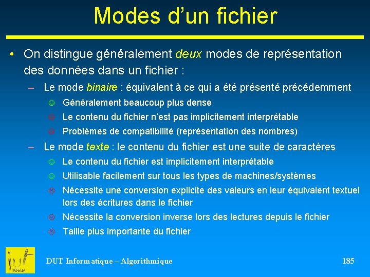 Modes d’un fichier • On distingue généralement deux modes de représentation des données dans