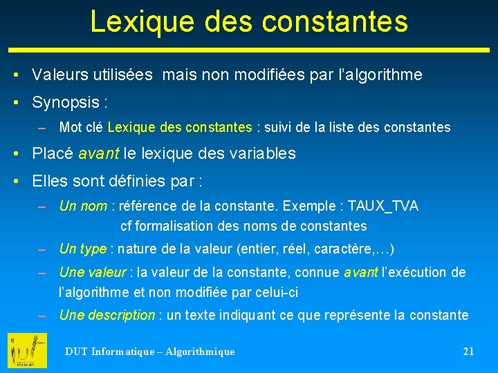 Lexique des constantes • Valeurs utilisées mais non modifiées par l’algorithme • Synopsis :