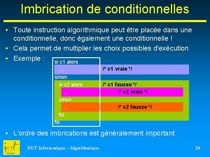 Imbrication de conditionnelles • Toute instruction algorithmique peut être placée dans une conditionnelle, donc