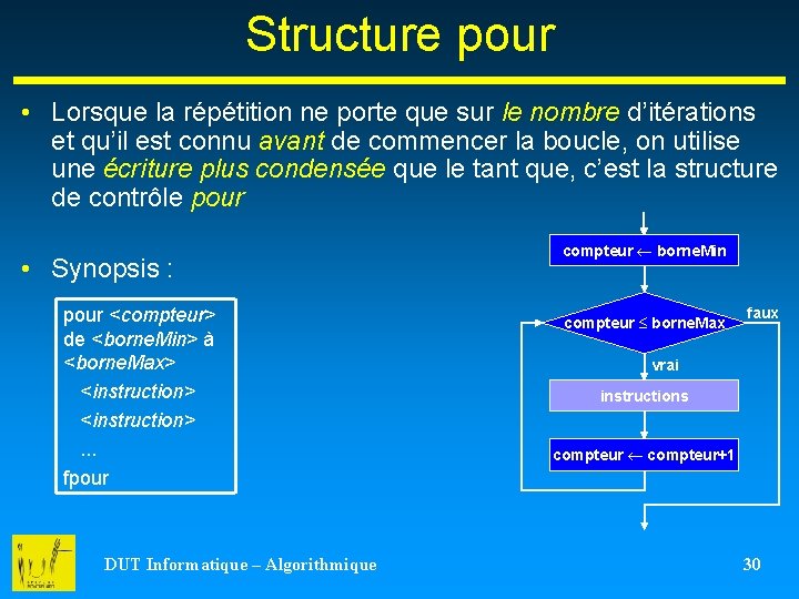 Structure pour • Lorsque la répétition ne porte que sur le nombre d’itérations et