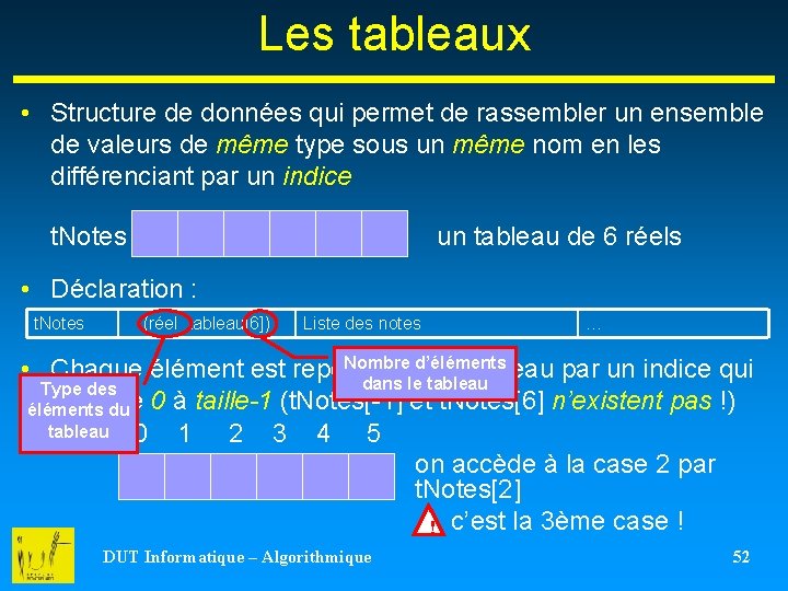 Les tableaux • Structure de données qui permet de rassembler un ensemble de valeurs