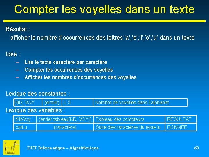 Compter les voyelles dans un texte Résultat : afficher le nombre d’occurrences des lettres