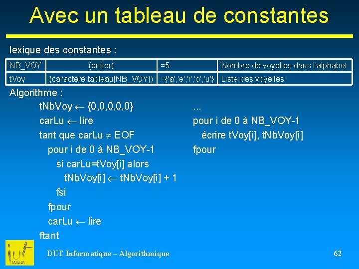 Avec un tableau de constantes lexique des constantes : NB_VOY t. Voy (entier) =5