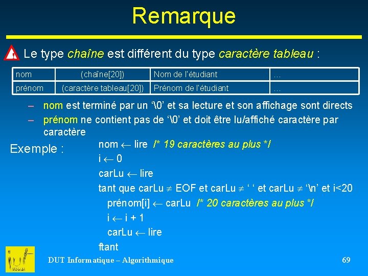 Remarque ! Le type chaîne est différent du type caractère tableau : nom prénom