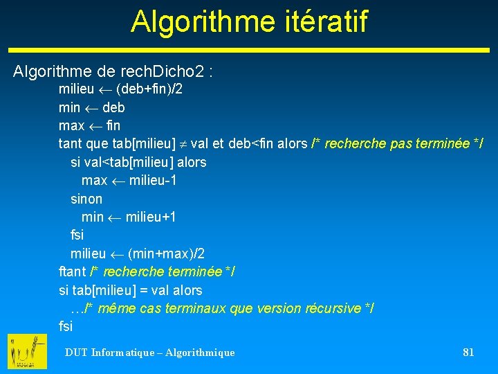 Algorithme itératif Algorithme de rech. Dicho 2 : milieu (deb+fin)/2 min deb max fin