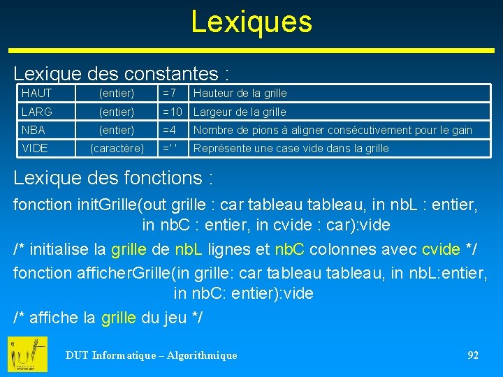 Lexiques Lexique des constantes : HAUT (entier) =7 Hauteur de la grille LARG (entier)