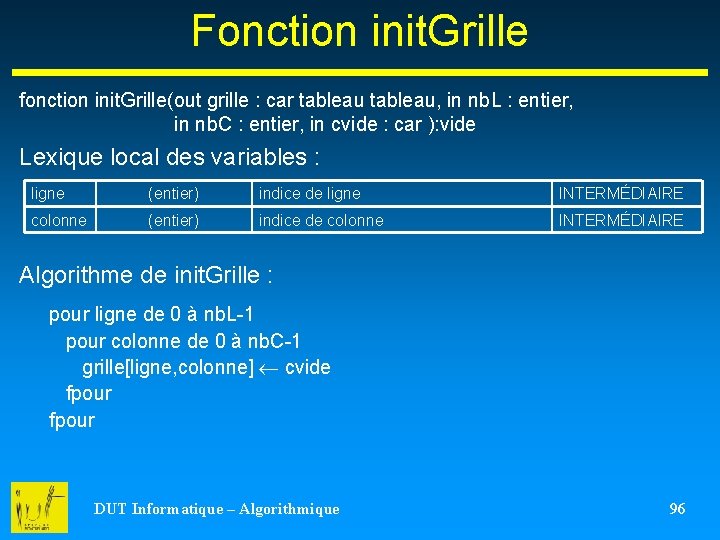 Fonction init. Grille fonction init. Grille(out grille : car tableau, in nb. L :