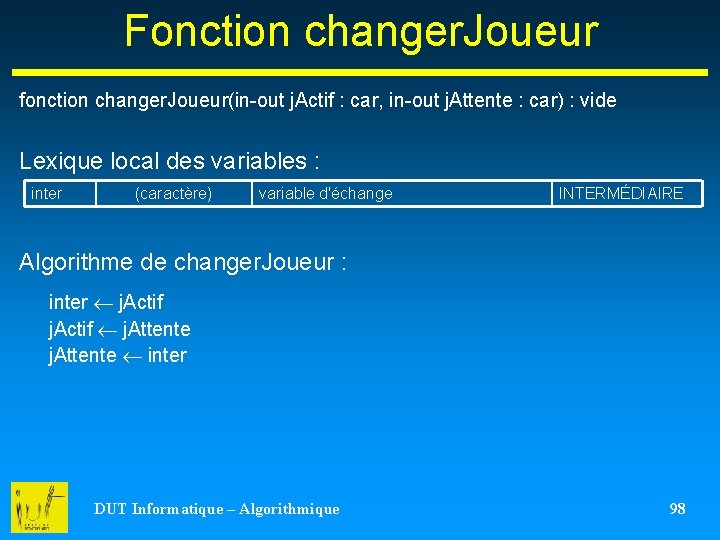 Fonction changer. Joueur fonction changer. Joueur(in-out j. Actif : car, in-out j. Attente :
