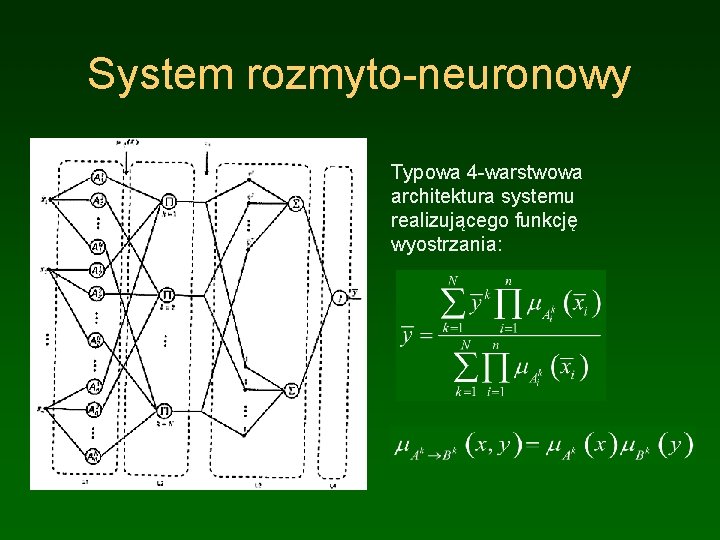 System rozmyto-neuronowy Typowa 4 -warstwowa architektura systemu realizującego funkcję wyostrzania: 