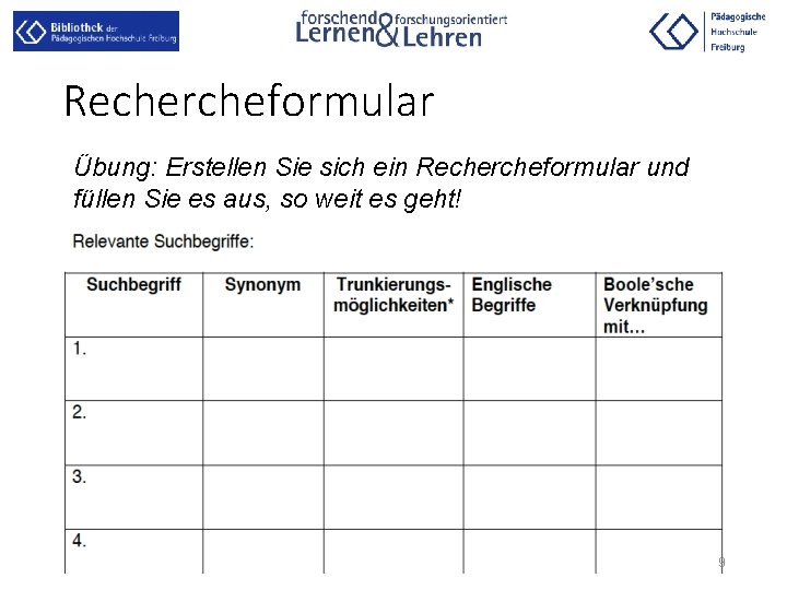 Rechercheformular Übung: Erstellen Sie sich ein Rechercheformular und füllen Sie es aus, so weit