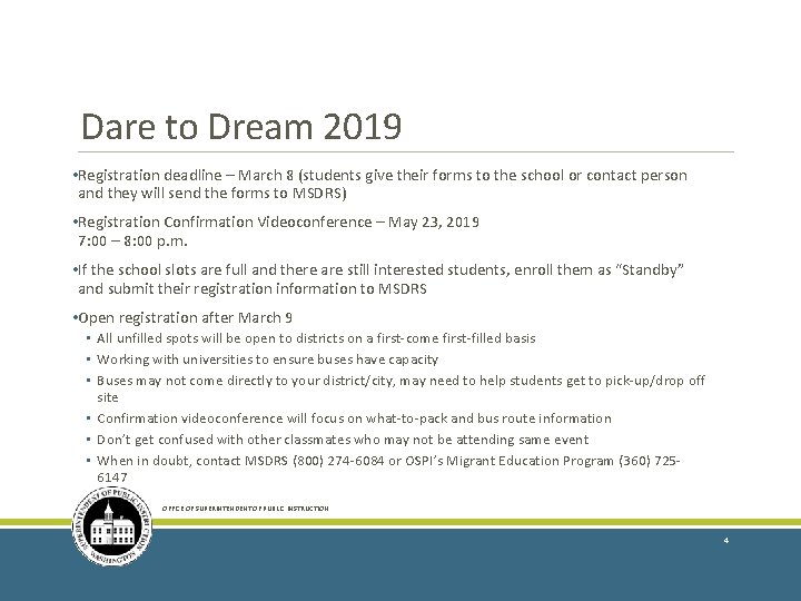 Dare to Dream 2019 • Registration deadline – March 8 (students give their forms