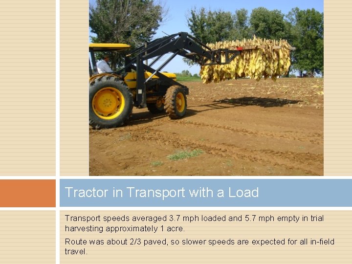 Tractor in Transport with a Load Transport speeds averaged 3. 7 mph loaded and