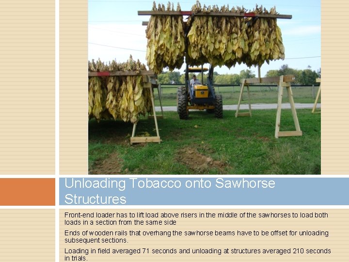 Unloading Tobacco onto Sawhorse Structures Front-end loader has to lift load above risers in