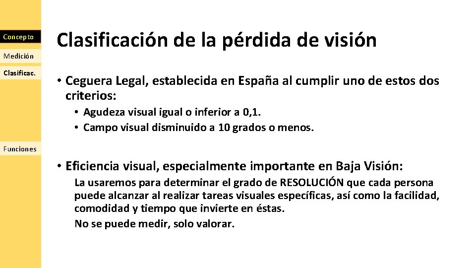 Concepto Medición Clasificación de la pérdida de visión • Ceguera Legal, establecida en España
