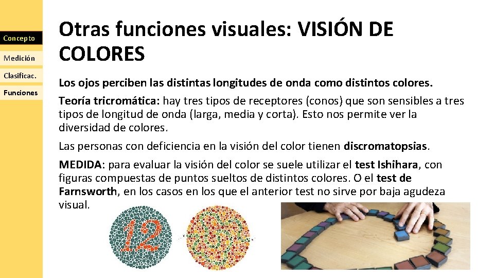 Concepto Medición Clasificac. Funciones Otras funciones visuales: VISIÓN DE COLORES Los ojos perciben las