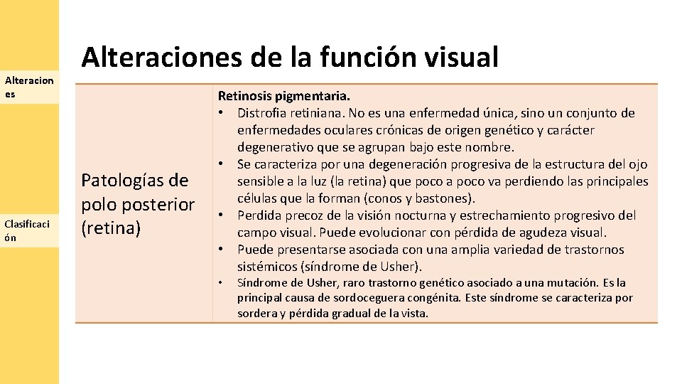 Alteracion es Clasificaci ón Alteraciones de la función visual Patologías de polo posterior (retina)
