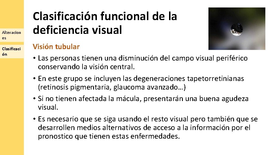 Alteracion es Clasificaci ón Clasificación funcional de la deficiencia visual Visión tubular • Las