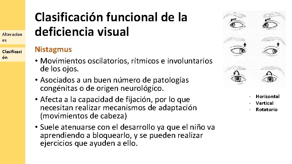 Alteracion es Clasificaci ón Clasificación funcional de la deficiencia visual Nistagmus • Movimientos oscilatorios,