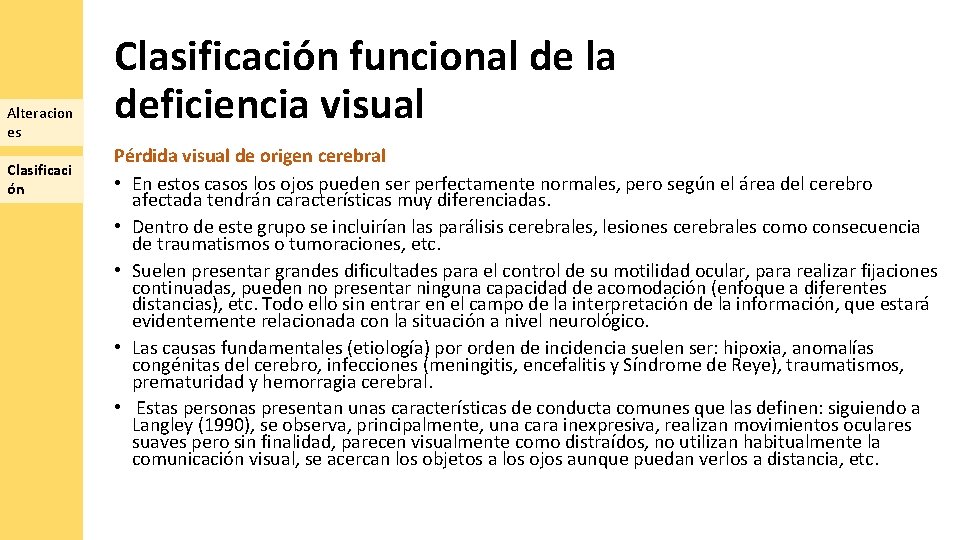 Alteracion es Clasificaci ón Clasificación funcional de la deficiencia visual Pérdida visual de origen